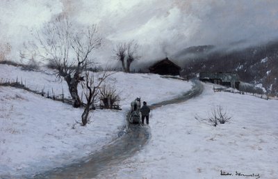 Uomo con cavallo e slitta da Ludvig Skramstad