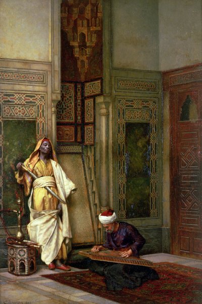 Guardia con un suonatore di cetra in un interno da Ludwig Deutsch