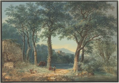 Un lago boscoso con una villa italianeggiante da Ludwig Hess