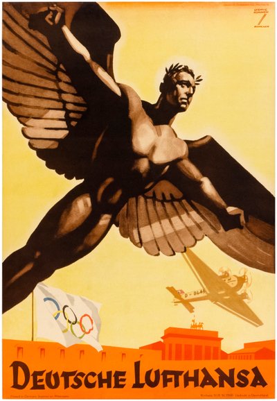 Deutsche Lufthansa, manifesto delle compagnie aeree tedesche per la promozione dei Giochi Olimpici del 1936 nella Germania nazista (manifesto) da Ludwig Hohlwein
