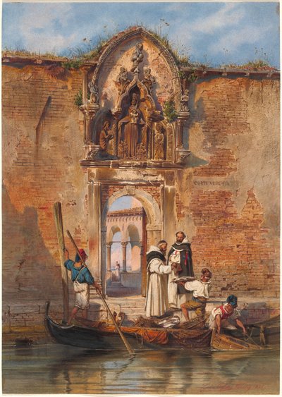Monaci che comprano pesce davanti al portale della Madonna della Misericordia da Ludwig Johann Passini