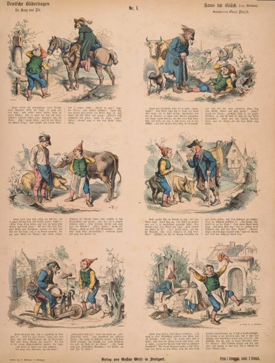 Hans nella fortuna (dopo i Fratelli Grimm), n.213 da Muenchener Bilderbogen pubblicato da Braun & Schneider, Monaco, 1880 da Ludwig Voltz