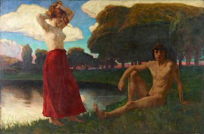 Idillio (Mezzo nudo maschile e femminile nel paesaggio) da Ludwig von Hofmann