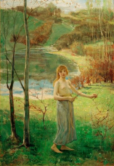 Giovane donna che raccoglie fiori da Ludwig von Hofmann
