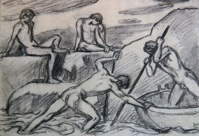 Barcaiolo nudo e giovani su una riva verde da Ludwig von Hofmann