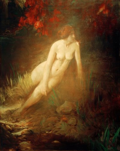 Nudo femminile su una riva rocciosa coperta di fiori da Ludwig von Hofmann