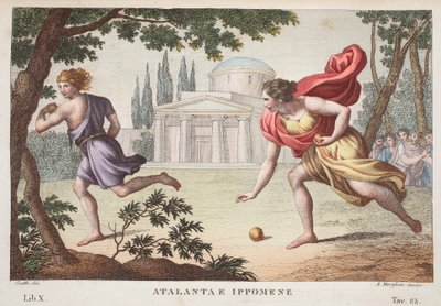 Atalanta e Ippomene, Libro X, illustrazione dalle Metamorfosi di Ovidio, Firenze, 1832 (incisione colorata a mano) da Luigi Ademollo
