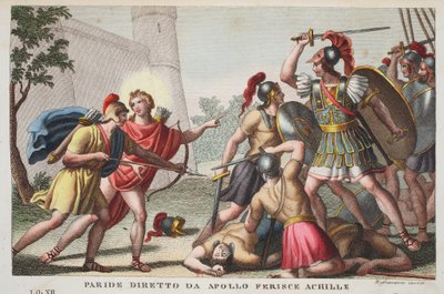 Paride uccide Achille o Paride diretto da Apollo ferisce Achille, Libro XIII, illustrazione dalle Metamorfosi di Ovidio, Firenze, 1832 (incisione colorata a mano) da Luigi Ademollo