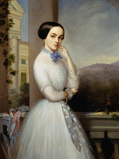 Ritratto di donna in abito bianco sul balcone da Luigi Basiletti