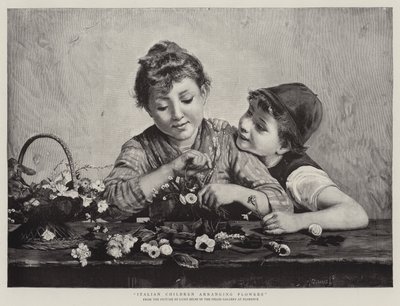 Bambini italiani che sistemano fiori da Luigi Bechi