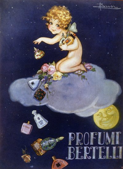 Pubblicità per i profumi Bertelli. Illustrazione di Brisi (Busi) da Luigi Busi