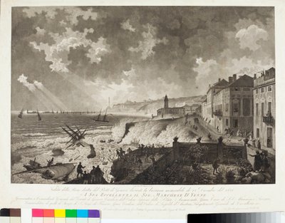 Veduta del porto di Genova durante la Tempesta del 25/12/1821 (incisione, c.1821) da Luigi Garibbo
