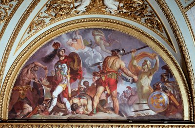 Iliade di Omero: Aiace si appresta a lanciare una pietra contro Ettore, nei cieli Giove dorme tra le braccia di Giunone da Luigi Sabatelli