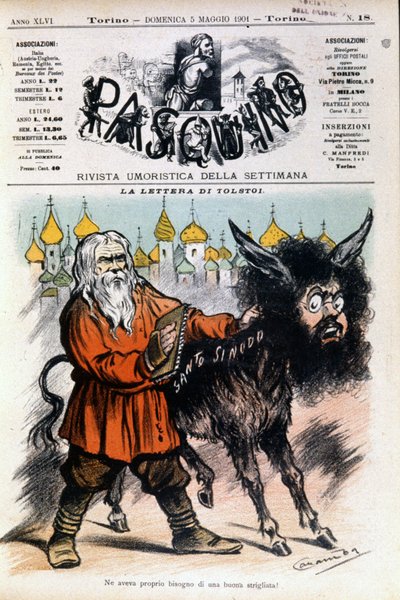 Caricatura su Tolstoj di Luigi Sapelli Caramba riguardante la lettera inviata da Tolstoj alla Santa Sede. Copertina del Pasquino del 5 maggio 1901 da Luigi Sapelli Caramba