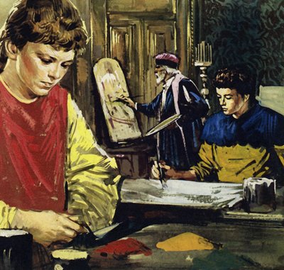 Jan e suo fratello Herbert Van Eyck iniziano la loro vita come apprendisti presso un pittore locale (litografia a colori). da Luis Arcas Brauner