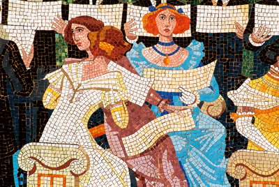 Architettura art nouveau: Palazzo della musica catalana, Barcellona. Mosaico che decora la facciata: donna che canta nel coro catalano (Orfeo Catala), (dettaglio) da Luis & Bru i Salelles Luis (1868 1952) Domenech i Montaner