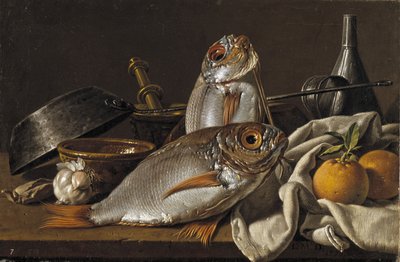 Natura morta con orata, arance, aglio e utensili da cucina, 1772 da Luis Egidio Melendez
