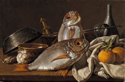 Natura morta con orata, arance, aglio e utensili da cucina da Luis Egidio Melendez