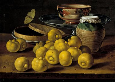 Natura morta con lime, vasetto di marmellata e farfalla da Luis Egidio Melendez