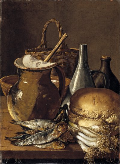 Natura morta con aringhe, cipolline, pane e utensili da cucina da Luis Egidio Melendez