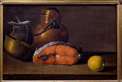 Fetta di salmone, un limone e utensili da Luis Egidio Menendez or Melendez