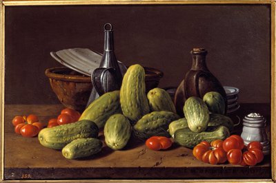 Natura morta: cetrioli, pomodori e contenitori. Dipinto di Luis Melendez (1716 - 1780) da Luis Egidio Menendez or Melendez