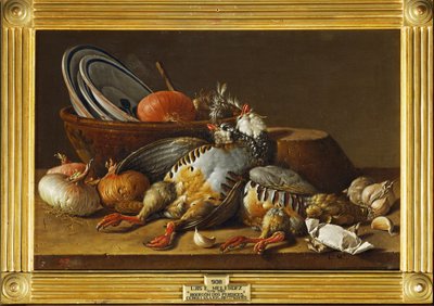 Natura morta con due pernici, cipolle e stoviglie... (dipinto su tela) da Luis Menendez or Melendez
