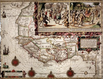 Mappa geografica della Guinea realizzata dal cartografo Luis Teixera (o Teixeira), circa 1586. In alto a destra, rappresentazione di una scena di danza tra gli indigeni (africani). da Luis Teixeira