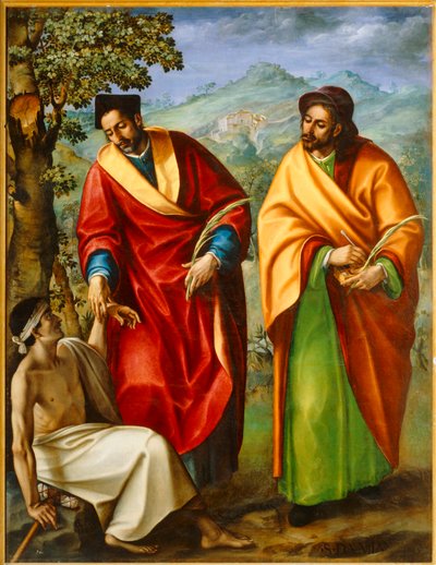 I santi Cosma e Damiano, medici, curano un malato ... da Luis de Carvajal