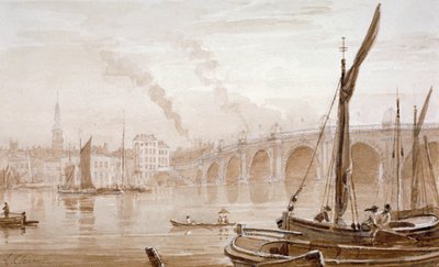 Vista del ponte di Blackfriars dalla riva del Surrey, con barche in primo piano, Londra, c. 1825 da Luke Clennell
