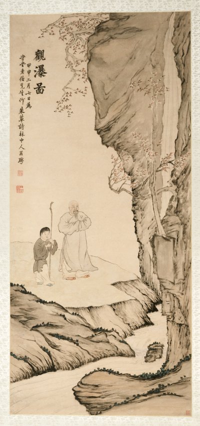Studioso che osserva la cascata da Luo Ping