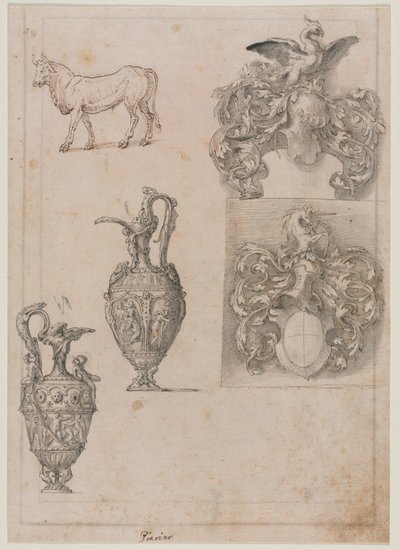 Disegno per due vasi, due stemmi e un toro (recto) da Luzio Romano