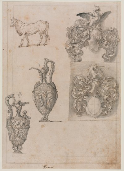 Progetto per due vasi, due stemmi e un toro recto, metà 1500 da Luzio Romano