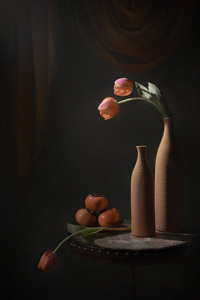 Tulipani malinconici e frutta da Lydia Jacobs