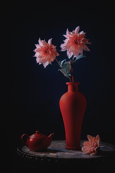 Dalie rosa in un vaso rosso da Lydia Jacobs
