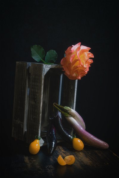 Natura morta con rose e frutta e verdura da Lydia Jacobs