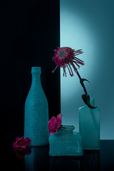 Bottiglie color verde acqua con fiori da Lydia Jacobs