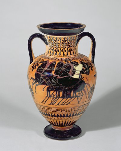 Anfora attica a figure nere che raffigura un carro a ruote, 520-500 a.C. da Lysippos