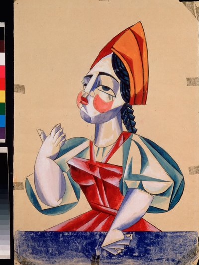 Bozzetto di costume per personaggio femminile della pièce teatrale Del pope e del suo servo Balda di Aleksandr Puškin da Lyubov Sergeevna Popova