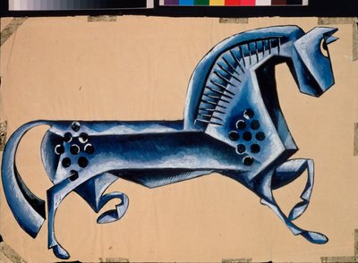Il cavallo blu. Schizzo per la pièce teatrale "Del pope e del suo valletto Balda" di Aleksandr Puškin da Lyubov Sergeevna Popova