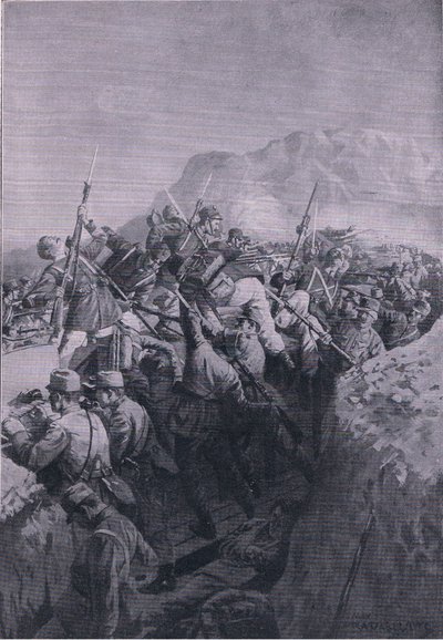 Attacco fallito degli italiani sulle alture di Doberdo, da La Storia Illustrata della Prima Guerra Mondiale 1914-1915 pub. da Union Berlagsefellfchaft da M. Barascudts