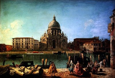 S. Maria della Salute dal Rio de San Moise, Venezia, con nobili e gondolieri in primo piano da M. and Guardi G.A. Marieschi