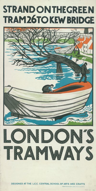 Strand on the Green, Tram 26 per Kew Bridge, poster del London County Council LCC Tramways da M Haythorne