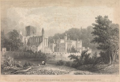Veduta nord-ovest del Priorato di Brenckburn, Northumberland; pagina 44 (Volume Uno) da M. J. Starling