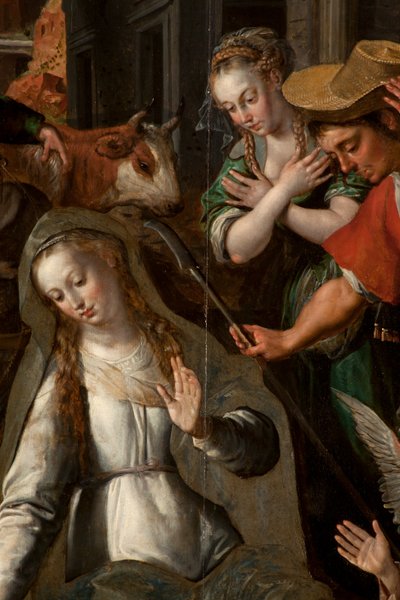 Adorazione dei Magi, Trittico, Pannello centrale, dettaglio, dipinto su legno da Maarten de Vos