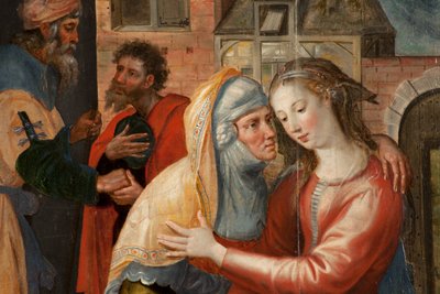 Adorazione dei Magi, Trittico, Pannello sinistro: Vita della Santa Vergine, dettaglio, pittura su legno da Maarten de Vos