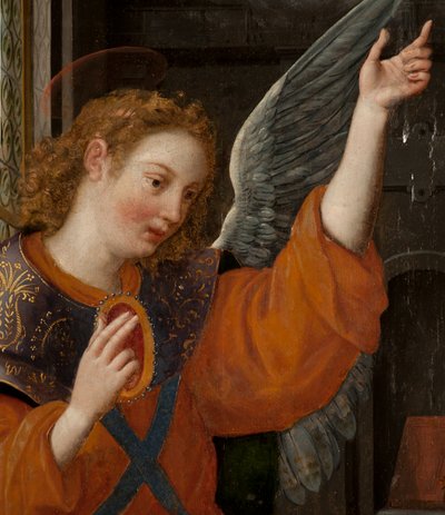 Adorazione dei Magi, Trittico, Pannello sinistro, parte posteriore (dettaglio) da Maarten de Vos