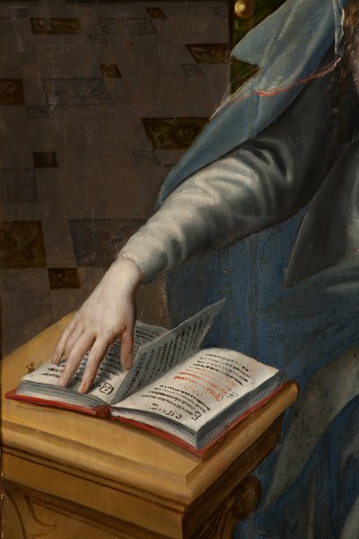 Adorazione dei Magi, Trittico, Pannello destro posteriore, dettaglio, pittura su legno da Maarten de Vos