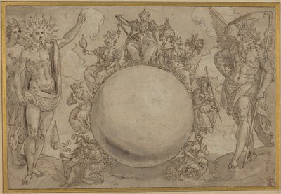 Apollo, Diana e il tempo con le cicliche vicissitudini della vita umana, 1561 circa (penna e inchiostro marrone con lavaggio grigio su tracce di grafite, inciso per il trasferimento su carta vergata) da Maarten de Vos
