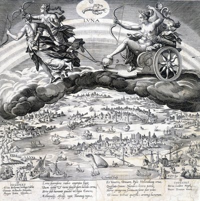Luna: allegoria della Luna (Diana) e dello Scorpione che è sotto la sua influenza (segno dello Zodiaco) - incisione di Maaerten de Vos (Martin de Vos, Marten de Vos) (1532-1603), n.d. da Maarten de Vos